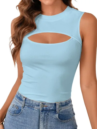 Miniatura 29 de Vrtige Camiseta sin mangas sexy con cuello redondo para mujer, de punto acanalado, sin mangas, ajustada