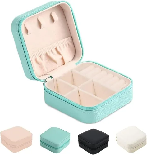 FOME Joyero pequeño, organizador portátil de piel sintética, mini estuche de almacenamiento de joyas de viaje para anillos, aretes, collares,