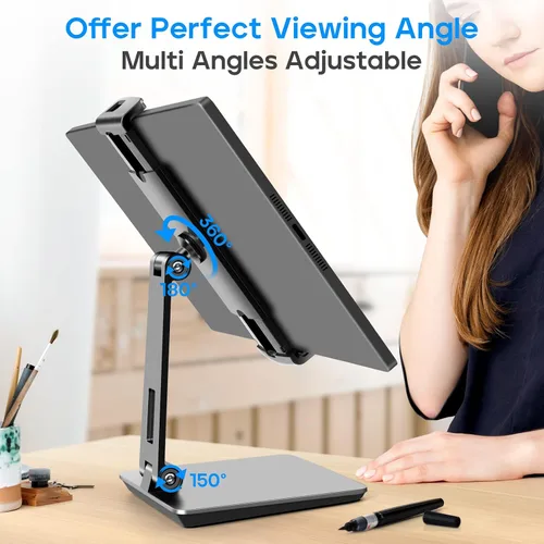 Miniatura 4 de ROADOM Soporte para tableta, soporte giratorio ajustable de 360°, abrazadera inclinable de 180°, soporte plegable para tableta de 4.7-17.3 pulgadas