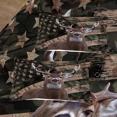 Miniatura 4 de NINENINE - Juego de edredón de ciervos camuflados - Tamaño individual, ropa de cama temática occidental de bosque con bandera americana para niños