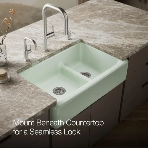 Miniatura 9 de KOHLER Whitehaven® K-6427-42 - Fregadero de cocina empotrado de 35-3/4 pulgadas, autorecortable, Smart Divide, Grande/Mediano con Delantal alto