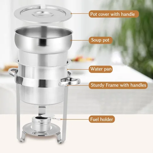 Miniatura 2 de Calentador de sopa redondo de acero inoxidable de 7 cuartos de galón, paquete de 2 Soup Chafer, Include Pot Lid & Fuel Holder, Commercial Soup Pot