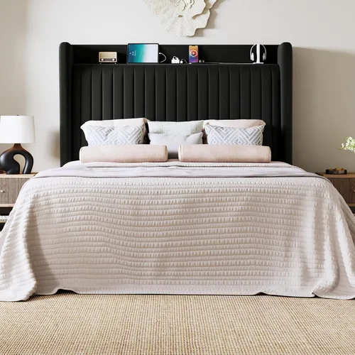Miniatura 3 de Allewie Base de cama de plataforma de tamaño completo con estación de carga USB y estante de almacenamiento/Cabecera tapizada de terciopelo
