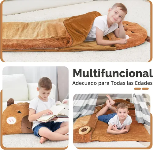 Miniatura 6 de iPlay, iLearn Saco de dormir para niños, saco de dormir Capybara de felpa, tapete para siesta para niña y niño, almohada de animal marrón 2 en 1