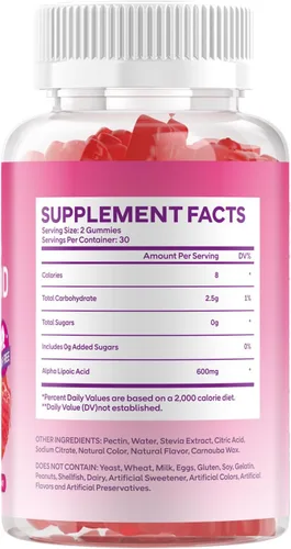 Miniatura 8 de Paquete de 2 gomitas de ácido alfa lipoico de 600 mg, suplemento de ALA masticable de alta absorción para antioxidantes, salud cerebral y apoyo