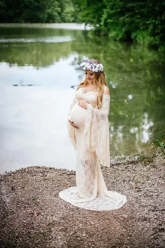 Miniatura 9 de Saslax Vestido de maternidad de encaje con hombros descubiertos para fotografía, maxi accesorios de maternidad, vestidos para sesión de fotos, baby