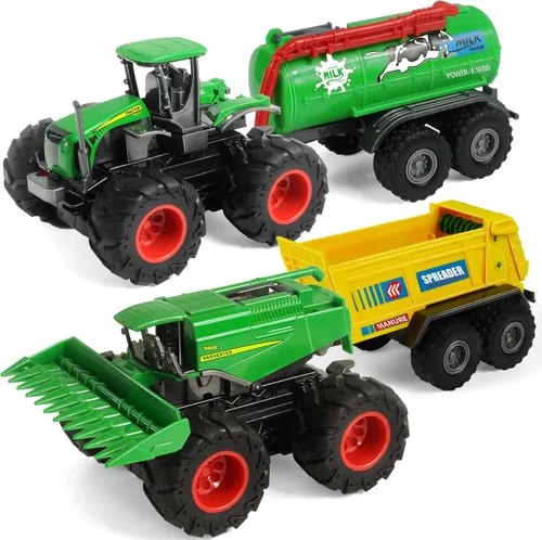 Combine Harvester Tractor con remolques, juego de 4 juguetes de granja para niños y niños pequeños de 3 a 5 años, camiones esparcidores monstruos