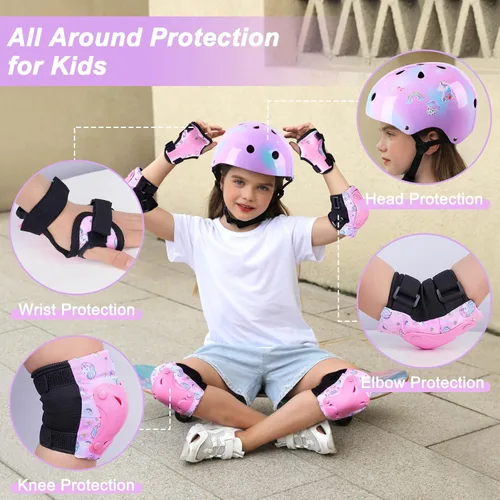 Miniatura 2 de Casco para niños, casco de bicicleta para niños pequeños con pegatinas DIY Unicornio, rodilleras y coderas ajustables, juego de protección para Rosa