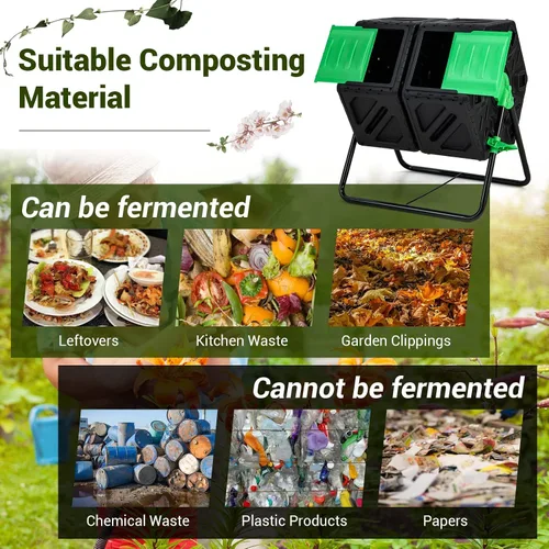 Miniatura 4 de Goplus Contenedor de compostaje, vaso de compostaje de doble cámara de 34.5 galones con 2 cámaras giratorias, puertas corredizas, compostador