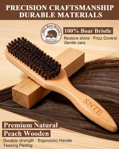 Miniatura 2 de Cepillo de pelo 100 % con cerdas de jabalí Mango de madera de melocotón natural Restaura el brillo, controla el encrespamiento, suaviza