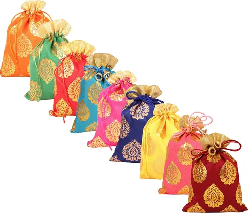 Miniatura 8 de Touchstone Bolsas de cordón tradicionales indias hechas a mano en tejido brocado con patrón de hojas de ficus. Perfecto para regalos, joyas, bodas