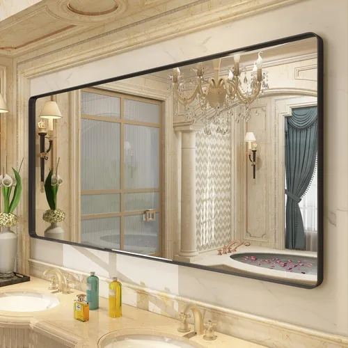 Miniatura 114 de Paquete de 2 espejos de baño con marco de metal negro de 22 x 30 pulgadas, espejo rectangular redondeado negro mate, antioxidante, se cuelga