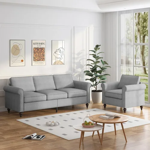 Miniatura 12 de PUREMIND Juego de sofá de 2 piezas para muebles de sala de estar, juego de sofá y silla de oficina moderno de lino con patas de madera maciza, sofá