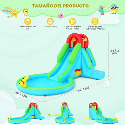 Miniatura 4 de Tobogán acuático inflable para niños, parque acuático 5 en 1 con tobogán para húmedo y seco, toboganes acuáticos inflables de 13 x 8.3 x 7.1 pies