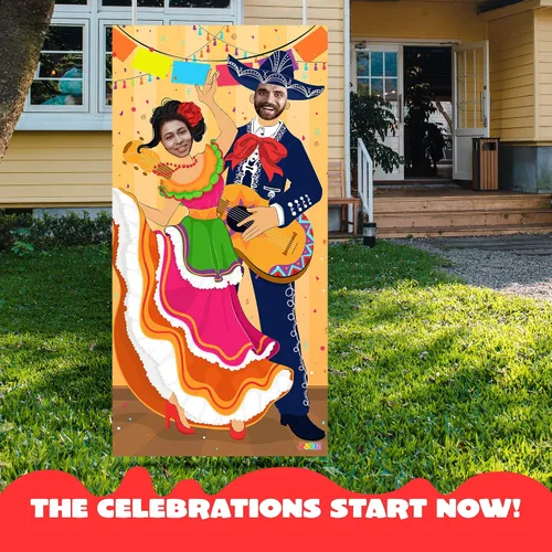 Miniatura 5 de JOYIN Cartel de puerta de fotos de pareja del Cinco de Mayo para suministros de fiesta, decoración de fondo de fotografía mexicana, fondo de cabina