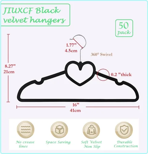Miniatura 6 de Paquete de 50 perchas de terciopelo negro, perchas antideslizantes de 16 pulgadas para adultos, colgador de ropa delgado con gancho giratorio de 360