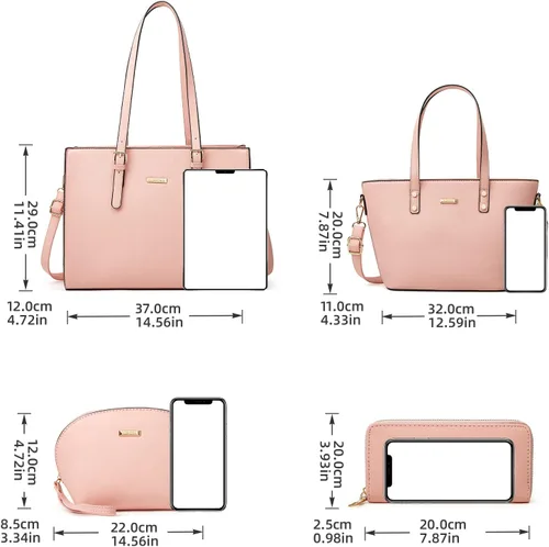 Miniatura 28 de Juego de 4 bolsas modernos para mujer de cuero sintético: bolso tote, bolso de hombro, bolso de mano y cartera.