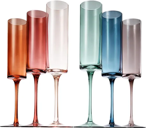 Khen Copas de copa de champán de colores | Juego de 6 | 6 oz Art Deco tallado Martini vintage vasos para champán, cóctel, margarita, copa de boda,