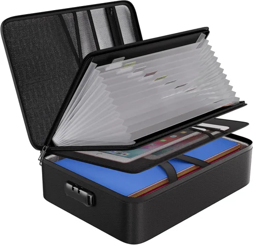 ENGPOW Bolsa organizadora de archivos con carpeta de acordeón de 13 bolsillos, organizador de documentos ignífugo con cerradura y etiquetas, caja de