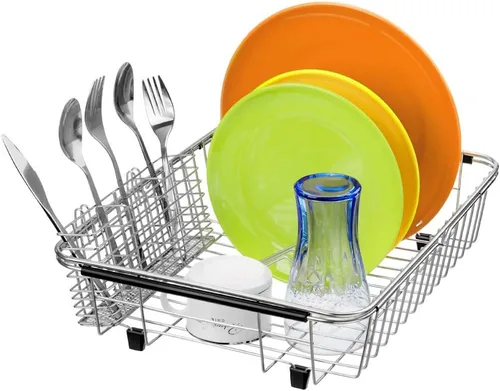 Miniatura 4 de SANNO Escurridor de platos con soporte para utensilios de acero inoxidable, escurridor grande para platos, estante expandible para fregadero o sobre