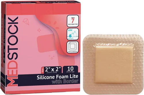 MEDSTOCK Apósito de espuma de silicona Lite con borde, 2 x 2 pulgadas (paquete de 10), cómoda curación para heridas, impermeable, suave y segura