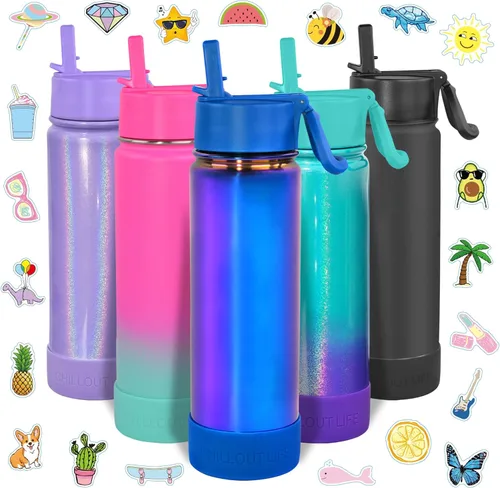 Miniatura 31 de CHILLOUT LIFE - Botella de agua aislada de 17 onzas con tapa con pajilla para niños, a prueba de fugas y bonitas calcomanías impermeables, termo