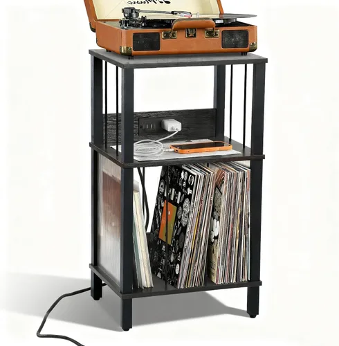 Miniatura 3 de Soporte para tocadiscos con estación de carga, estante de almacenamiento de vinilo de 3 niveles con capacidad para más de 100 álbumes, mesa auxiliar
