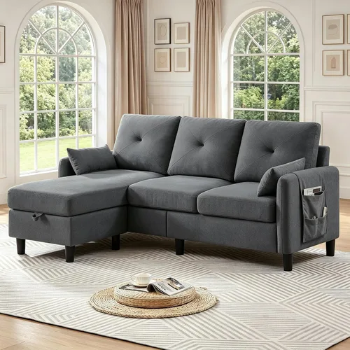 Miniatura 10 de Sofás Seccionales Convertibles de 77", Sofá en Forma de L de 3 Asientos con Chaise de Almacenamiento y Almohadas Removibles, Sofá Pequeño de Tela