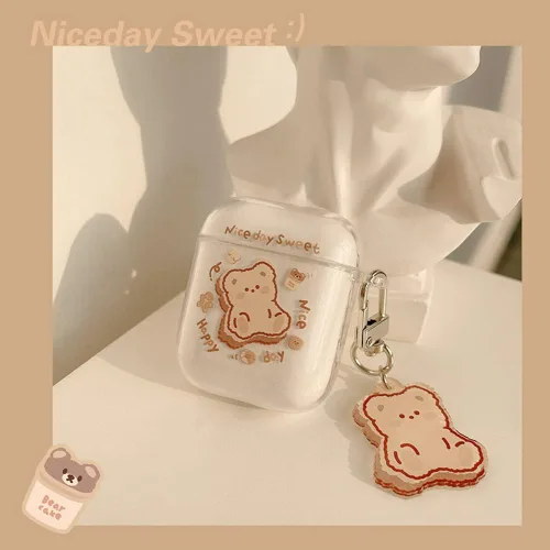 Miniatura 3 de Funda transparente para AirPods con llavero de oso, diseño de oso de dibujos animados, funda protectora completa de silicona compatible con AirPod 2