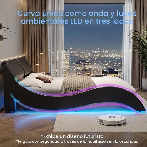 Miniatura 7 de DICTAC - Marco de cama Queen con luces LED y puertos de carga, cama moderna tapizada tamaño Queen con cabecera, marco de cama de plataforma