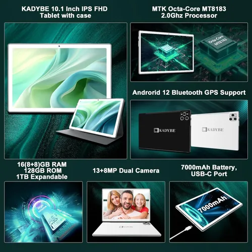 Miniatura 2 de KADYBE Tablet 2024 Tabletas Android de 10 pulgadas, última tableta con estuche de 128 GB de almacenamiento+16 GB de RAM+1 TB expandible, cámara