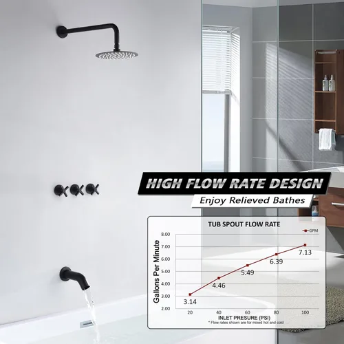 Miniatura 3 de Grifo de bañera y ducha de 3 manijas, juego de grifería de bañera negro mate con caño de cascada para bañera, kit de molduras de bañera y ducha
