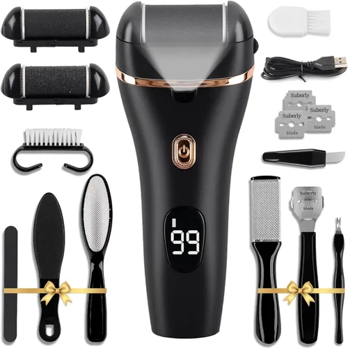Limpiador eléctrico de pies, kit de pedicura 17 en 1, removedor de callos para pies, lima eléctrica de pies para piel seca y muerta, 3 rodillos,