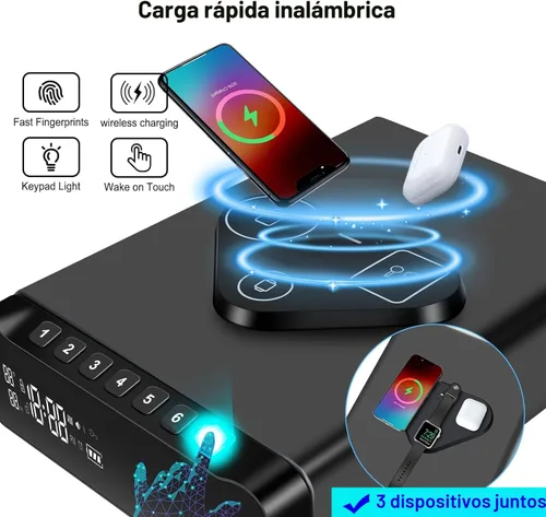 Miniatura 2 de Caja fuerte biométrica para armas con huellas dactilares, caja fuerte para pistolas con reloj y carga inalámbrica para reloj y teléfono 3 en 1