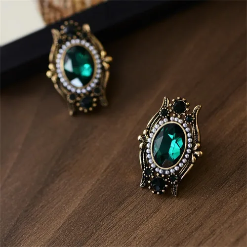 Miniatura 4 de Vintage Green CZ Stud Earrings for Women Antique Gold-Toned Cubic Zirconia Oval Crystal Shell Pearl Drop Studs Earring Boho Victorian Style Hollow