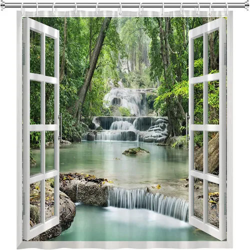Miniatura 3 de Cortina de ducha con diseño de cascada de bosque, primavera, naturaleza, paisaje, verde, tropical, selva, selva, río, piedra, paisaje, juego