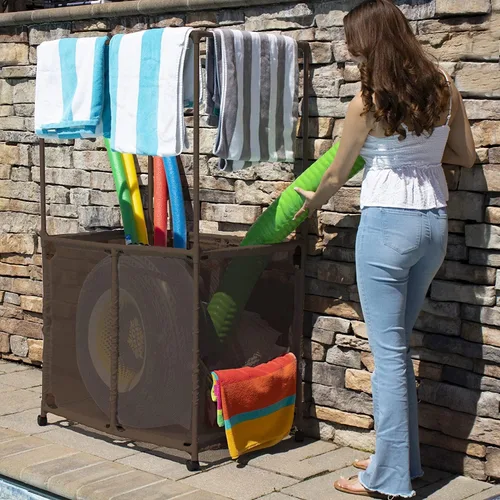 Miniatura 4 de Soporte para equipo de piscina con barras de secado de toallas, organizador de almacenamiento multiusos con ruedas de malla, colgador de toallas