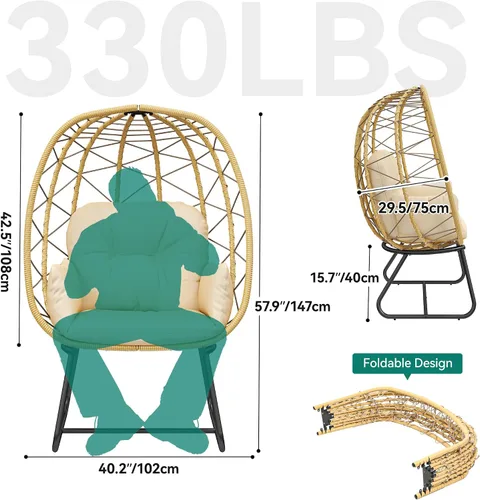 Miniatura 2 de Yitahome Silla con Forma de Huevo con Soporte para Interior y Exterior, Silla de Lounging con Cojín, Silla de Mimbre de Ratán PE Incluye Silla