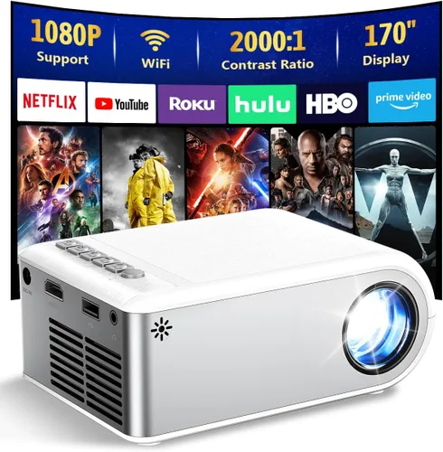 Mini proyector con WiFi y Bluetooth, mini proyector portátil para exteriores para iPhone con soporte para 1080P con altavoz incorporado, proyector