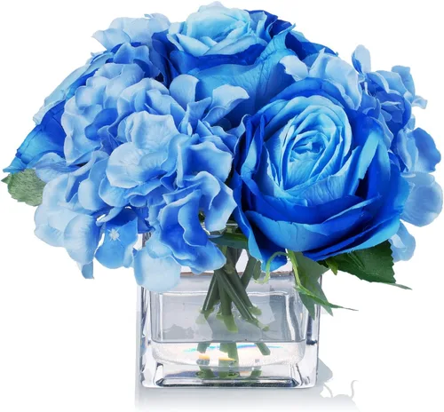 ENOVA FLORAL Pequeñas flores falsas de seda azul con jarrón, arreglo floral artificial de rosas mixtas y hortensias en jarrón con agua sintética