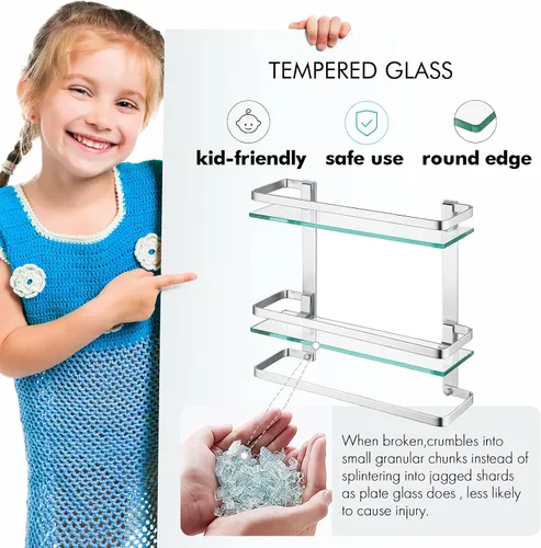 Miniatura 6 de KES Estante de vidrio templado para baño, estante de vidrio de almacenamiento de 2 niveles, rectangular con barra montado en la pared, acabado