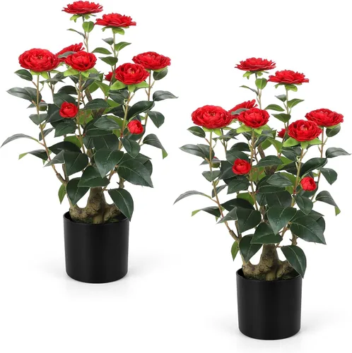 Miniatura 9 de Romantic Season 2FT Orange Artificial Camellia Tree 2Pack, Faux Camellia Plant Fake Potted Camellia Flower Tree for Modern Home Office Living Room
