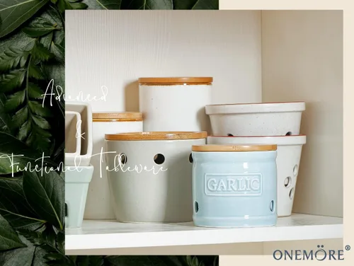 Miniatura 8 de ONEMORE Soporte de ajo con tapa, recipiente de ajo de cerámica de 4 pulgadas, azul claro