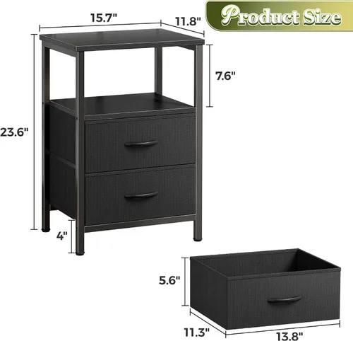 Miniatura 3 de Huuger Mesita de noche con 2 cajones, mesa auxiliar de cama con estante abierto, parte superior de madera, mesita de noche para dormitorio, mesa