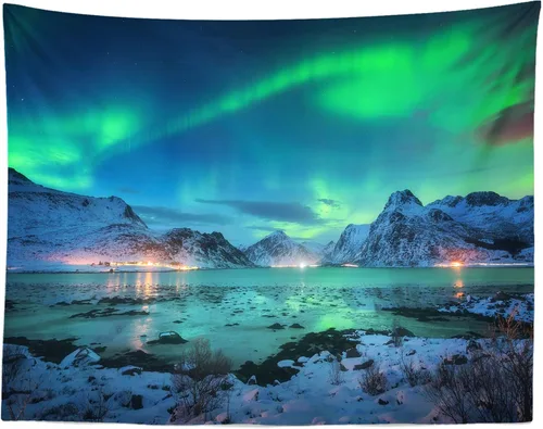Miniatura 4 de BELECO Telón de fondo de tela de 5 x 3 pies con diseño de aurora boreal, cielo nocturno, montañas cubiertas de nieve, paisaje de lago, cielo