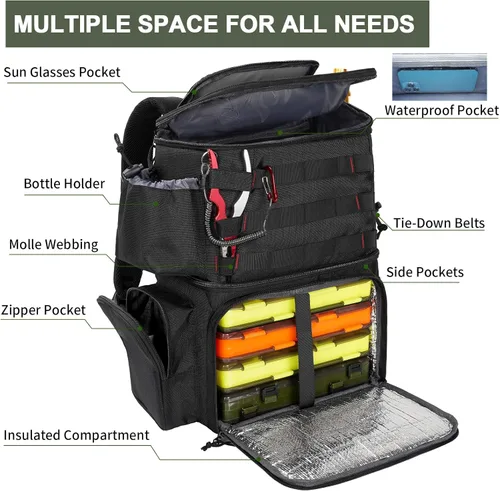 Miniatura 5 de MATEIN Mochila para Pesca, Bolsa de Equipo de Pesca Resistente al Agua con Soportes para Caña de Pescar y Enfriador, Regalos de Equipo para Hombres