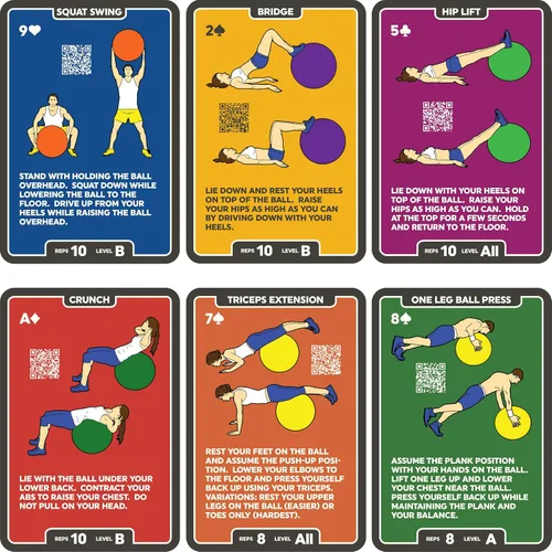 Miniatura 6 de Stack 52 - Tarjetas de ejercicio, diseño de bola Juego de cartas de entrenamiento con bola suiza. Instrucciones de vídeo incluidas. Programa