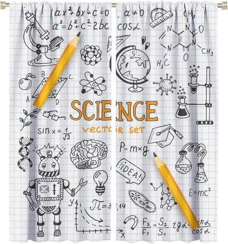 Miniatura 70 de Cortinas opacas para ventanas de ciencia para niños, lupa de libro de laboratorio de ciencia, lupa, frascos moleculares, cortinas impresas