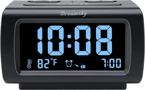 DreamSky - Relojes despertadores de radio para dormitorios con respaldo de batería, números grandes y brillantes con regulador de intensidad, puerto