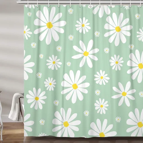 Miniatura 10 de Cortina de ducha con diseño floral de margaritas azules para caravana, remolque, baño, lindo juego de cortinas de ducha de tela estrecha y corta